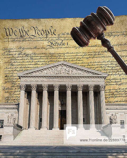 Supreme Court building and Declaration of Independence and gavel