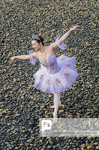 Ballerina in a lilac tutu dances gracefully on a pebbled surface. WA  USA