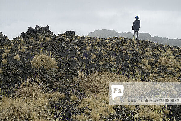 A lone hiker stands on a volcanic landscape under a cloudy sky. Sicily  Italy