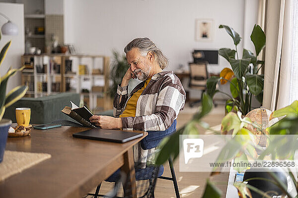 Senior man relaxing at home reading a book in a cozy living room