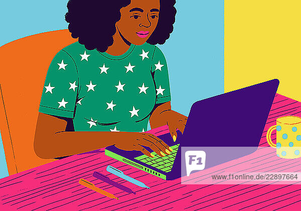 Illustration of a woman working on a laptop in a colorful home office setting