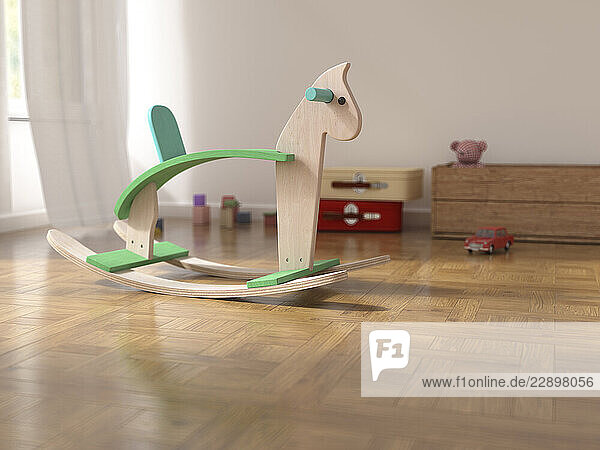 3D rendering of a wooden rocking horse in a playroom with toys on a wooden floor