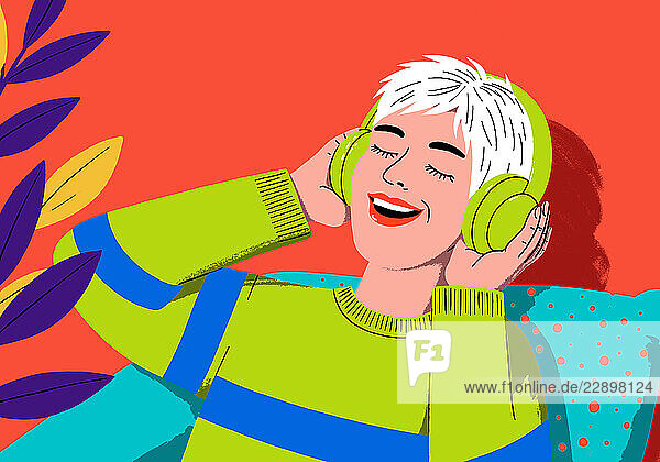 Illustration of a person with short hair wearing headphones and a green sweater enjoying music