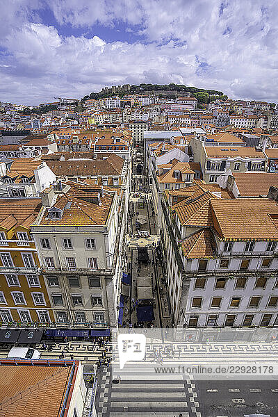 View of city skyline from Santa Justa Lift on a sunny day  Lisbon  Portugal  Europe