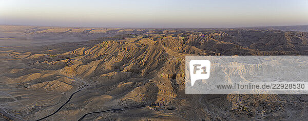 View of Valley of the Kings from hot air balloon over Luxor at sunrise  Luxor  Egypt  Africa