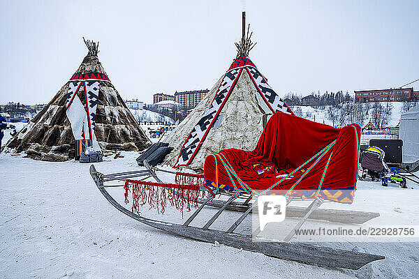 Traditional Chums  fur dressed houses  Nenets festival  Salekhard  Yamal Peninsula  Russia