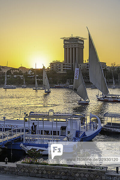View of fellucas on the Nile river during sunset  Aswan  Nubia  Egypt  North Africa  Africa