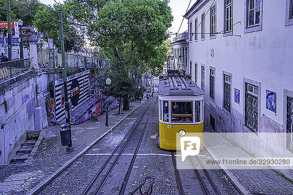View of vintage GlAlria Funicular  hilltop tram ride  Lisbon  Portugal  Europe