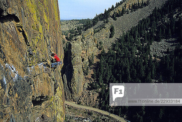 A man rock climbing in Eldorado Canyon  Colorado.