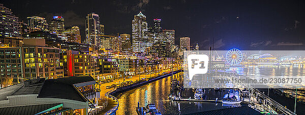 Downtown Seattle Waterfront on a rainy night.