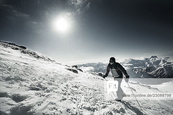 A man walking on Elbrus Mountain during Elbrus Race the highest race in Europe.