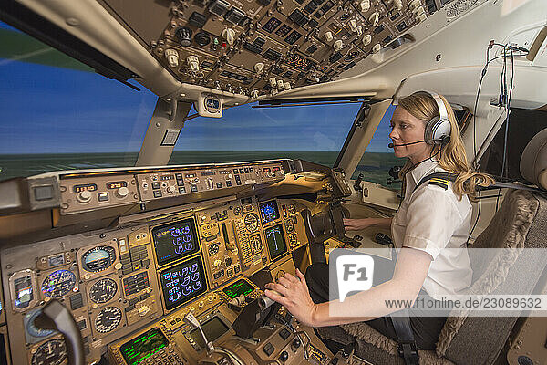 Female pilot in flight simulator during training