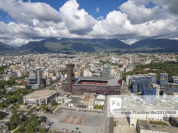 Tirana  Albania. Italia Square  the Arena Center complex. Architect Archea Associati. Mariott hotel. In the foreground  Mother Teresa Square and the university.