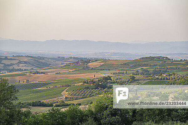 Hügelige Landschaft in der Toskana  Blick von der oberen Stadtmauer von Montepulciano  Toskana  Italien  Europa
